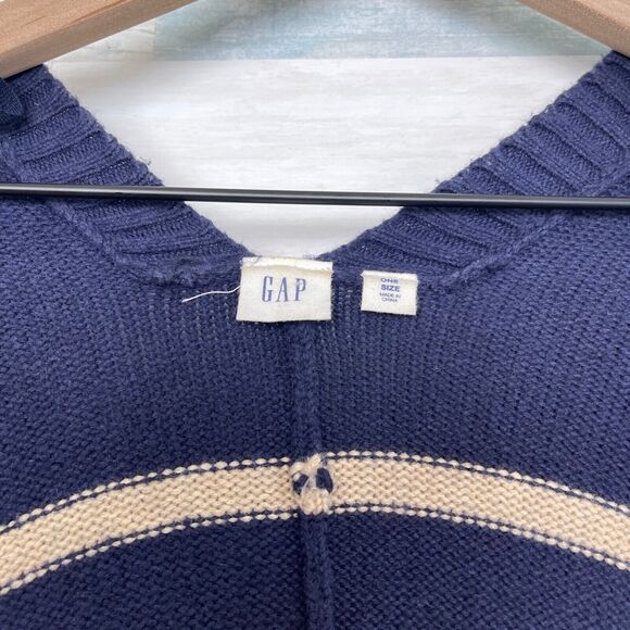 GAP Striped Poncho Sweater Navy Blue Tan Wool Camel Hair Womens OS One Size - Picture 7 of 9
